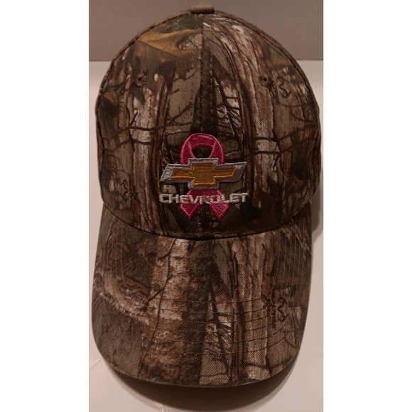 Chevy Chevrolet Hat Camoflauge Hook & Loop Breast Cancer Ribbon On Front - Picture 1 of 12